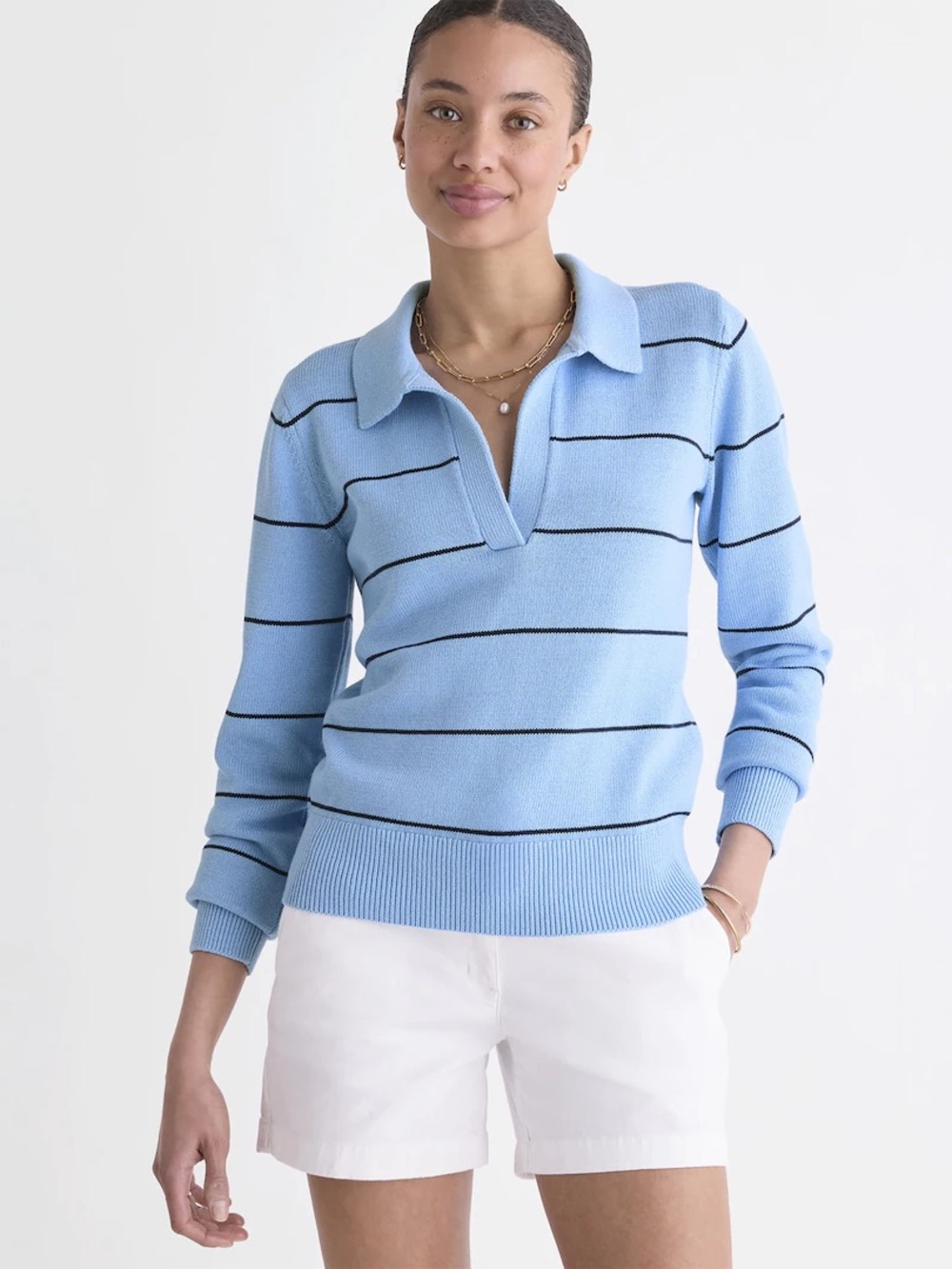 Vineyard Vines Light Blue V-Neck Polo Sweater with Black Stripes